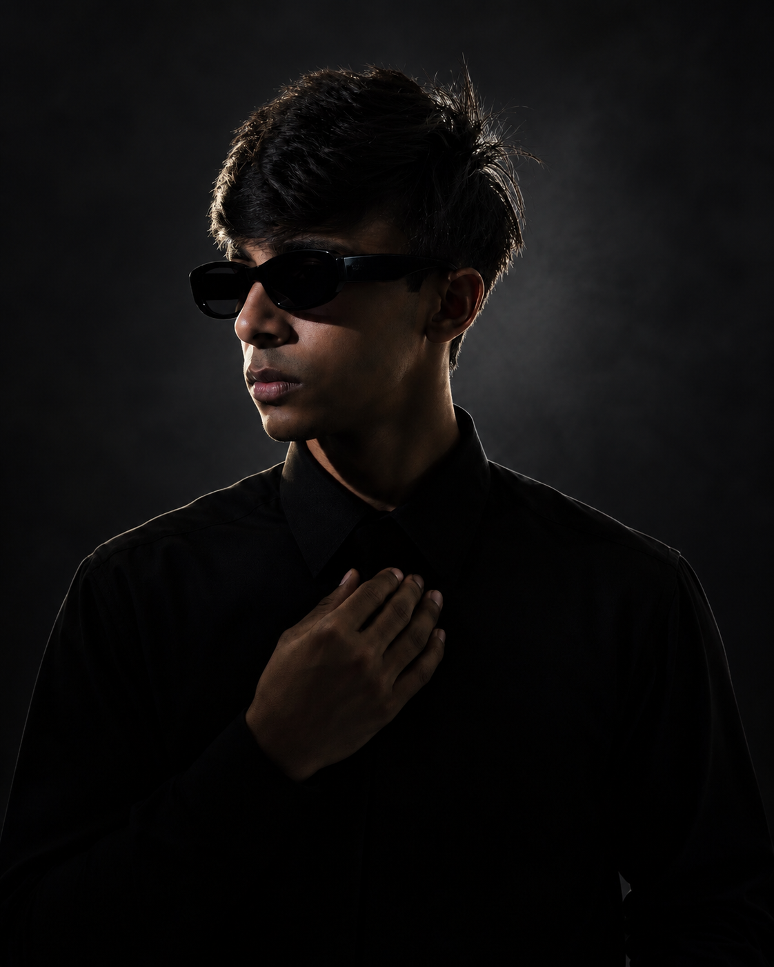 Ahammed Ayan in a dark studio portrait wearing sunglasses and a black shirt